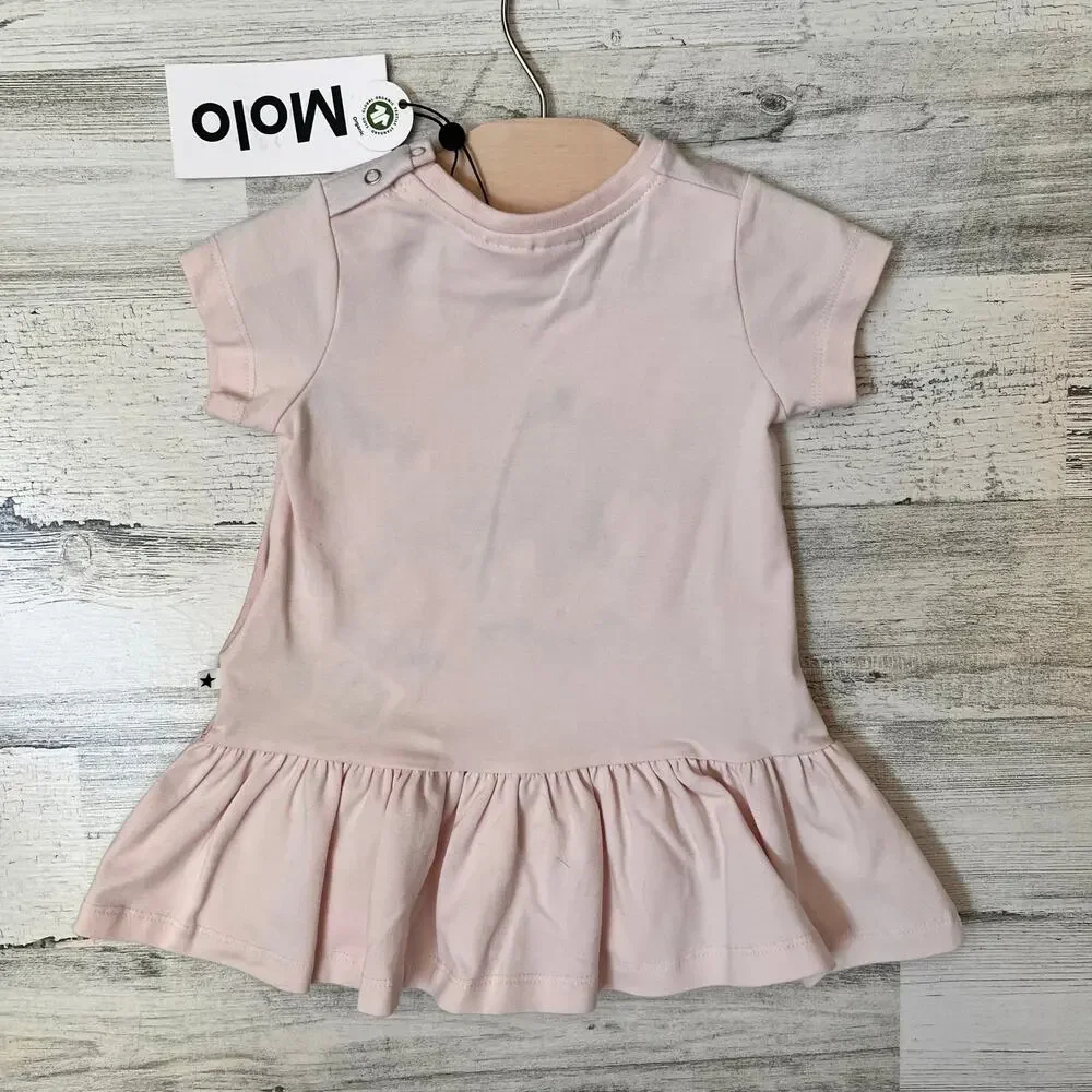 Molo Dress Baby Girls 6M Pink Rolling Friends Graphic Ruffle Hem Organic Cotton